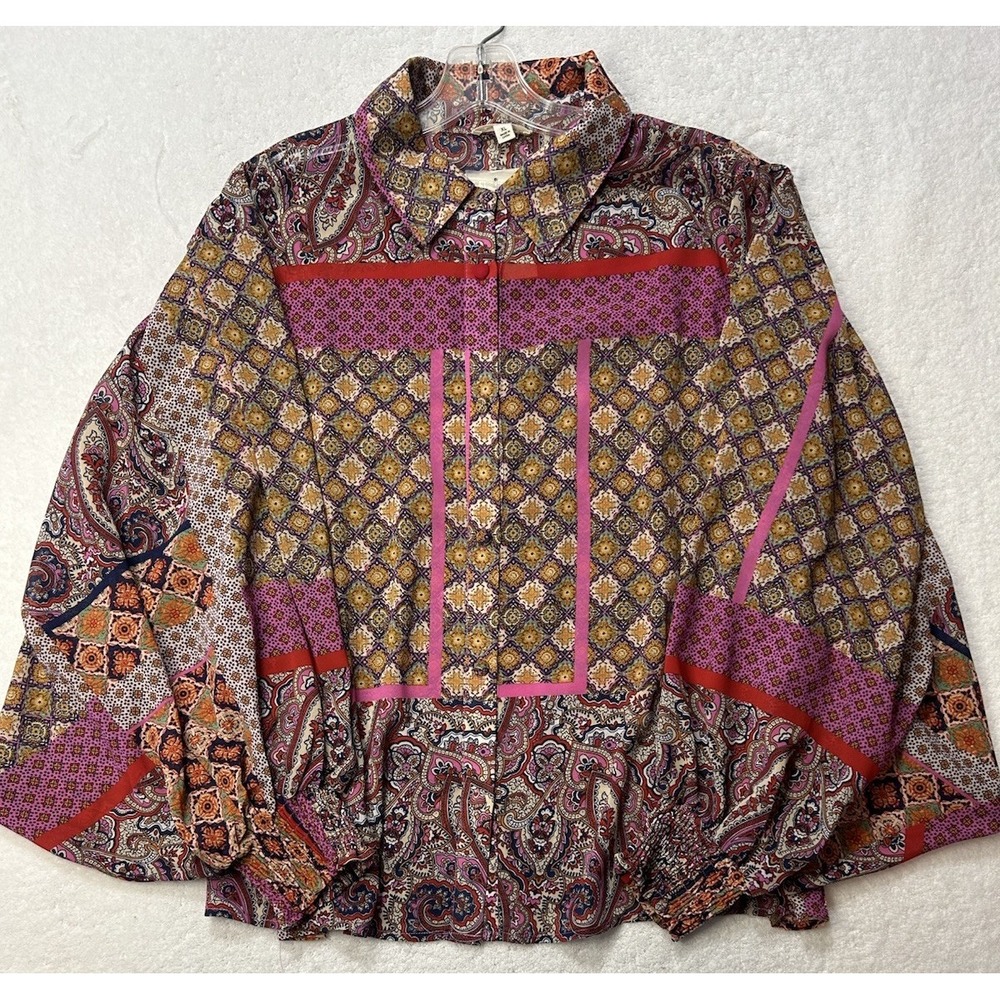 Ee:some Womens Size XL Button Down Balloon Sleeve Patchwork Paisley Top (S1)